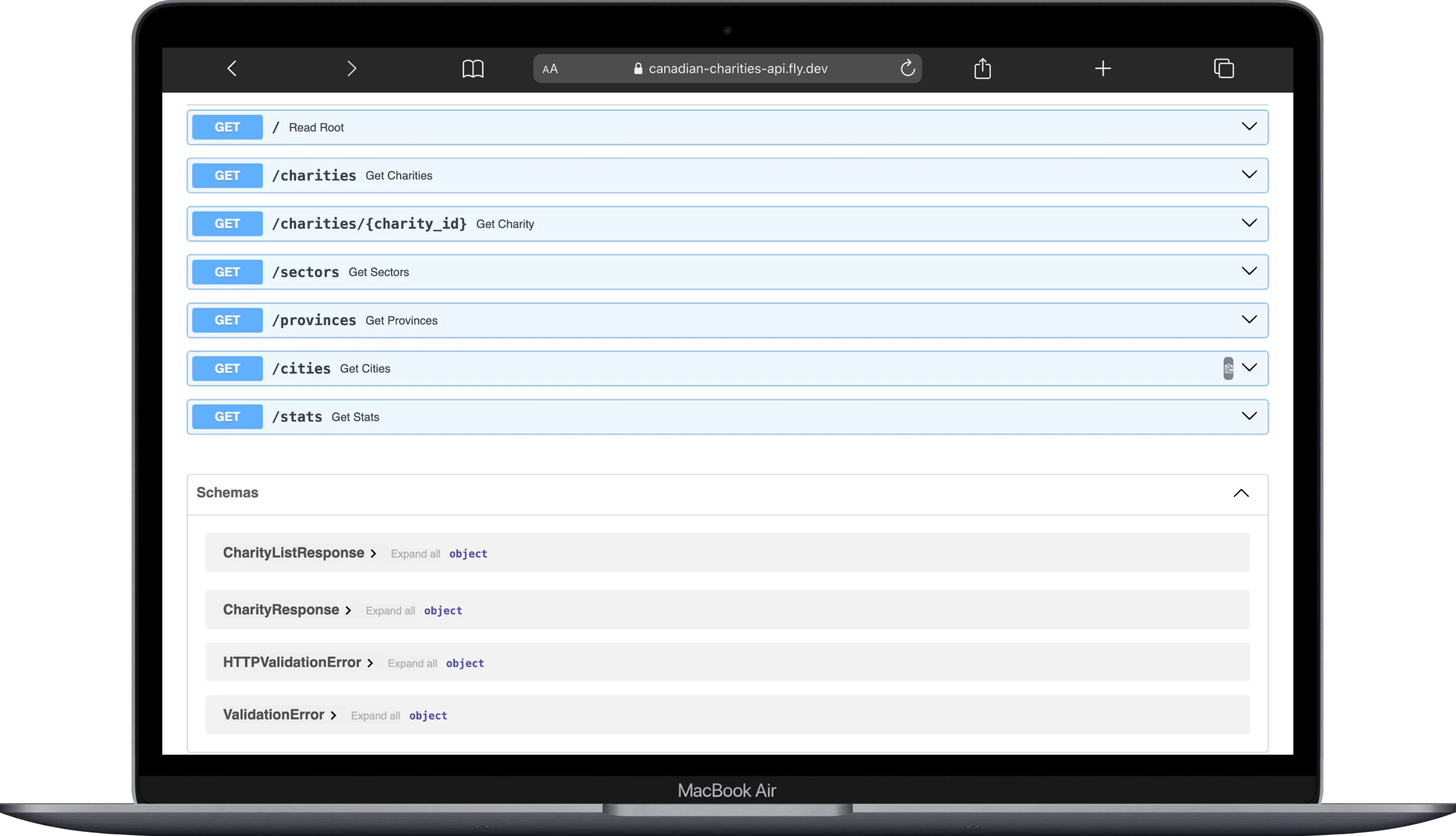Canadian Charities API website screenshot