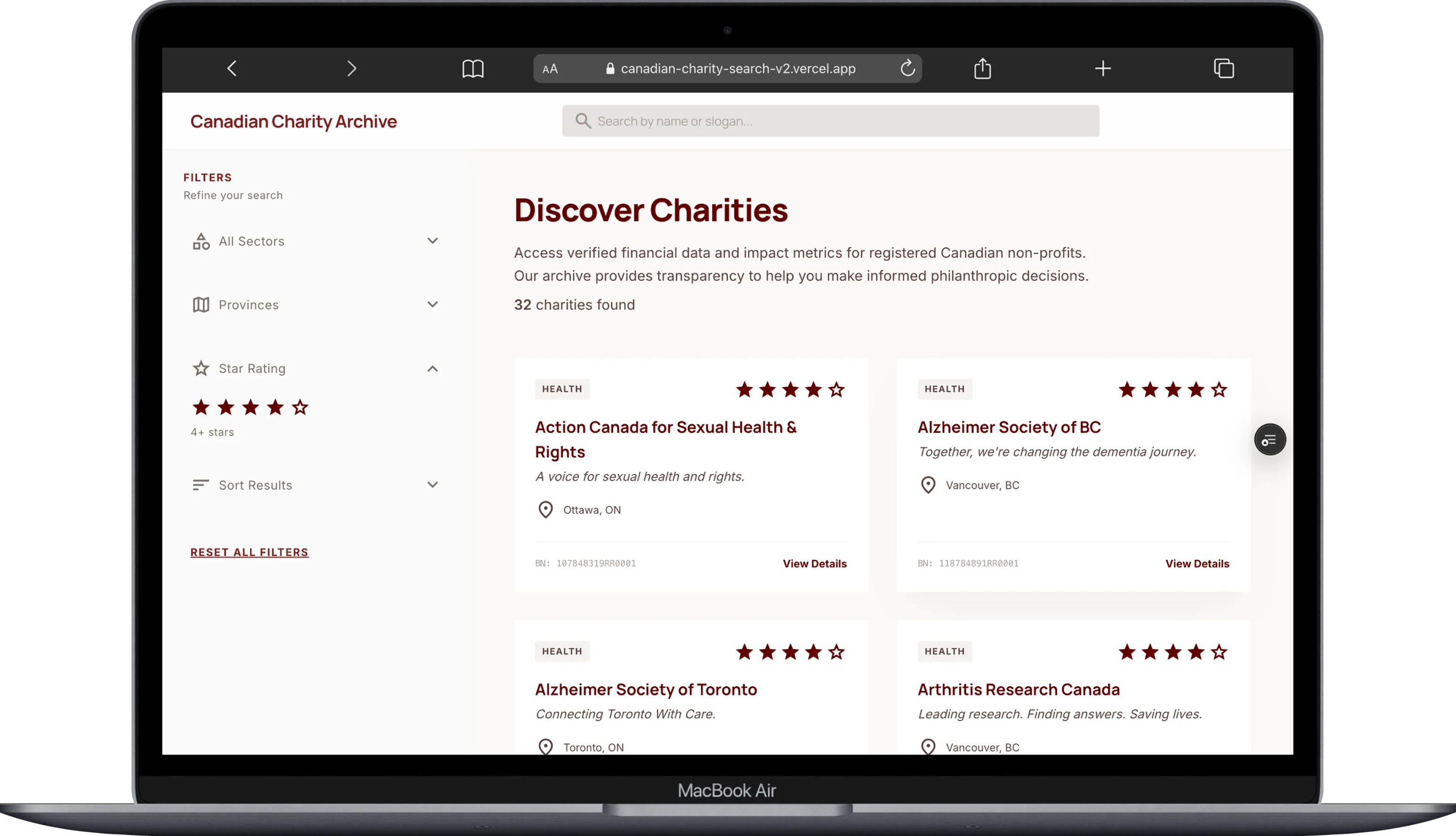 Charity Finder website screenshot