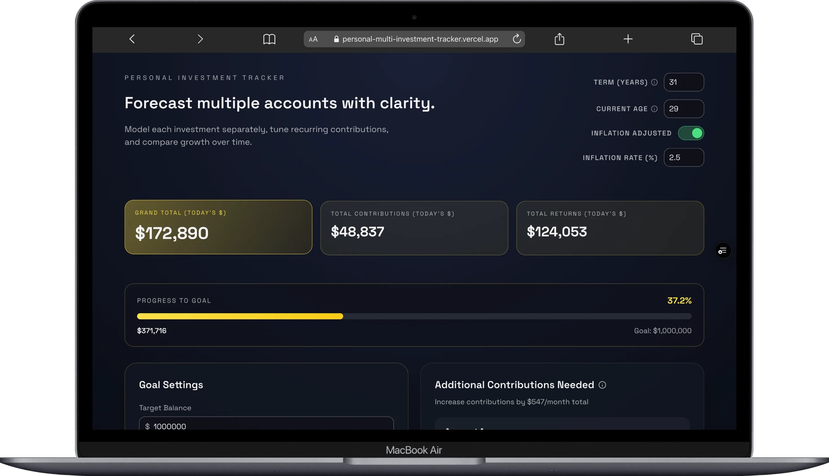 Investment tracker website screenshot